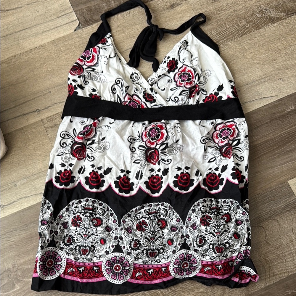 Y2K Black and White Floral Halter Top